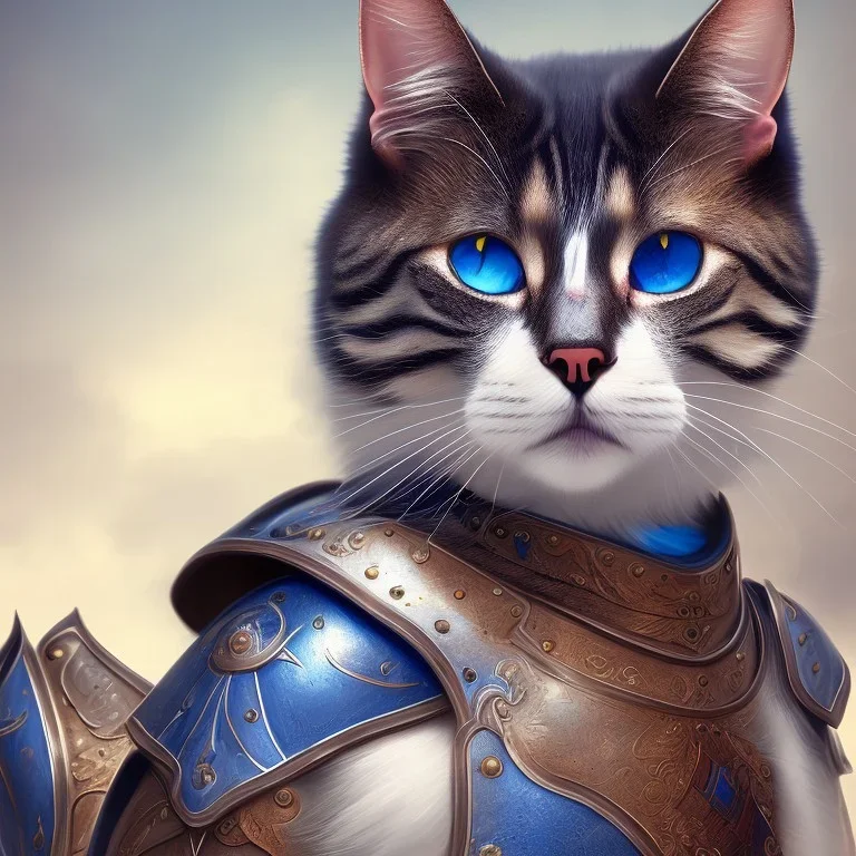 a cat with blue eyes wearing a medieval armor, high detail, photo, 8k, ray-tracing