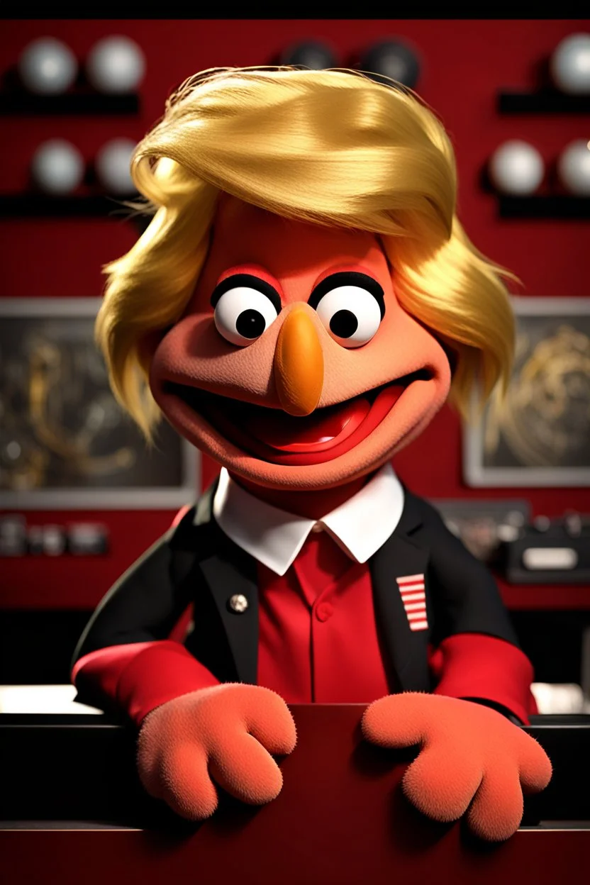 Waist up muppet Portrait, Donald J Trump as muppet doll, black hair, president, red tracksuit, mustache, photo studio, black background, unreal engine 5, concept art, art station, ray tracing, lumen lighting, ultra detail, volumetric lighting, 3d.