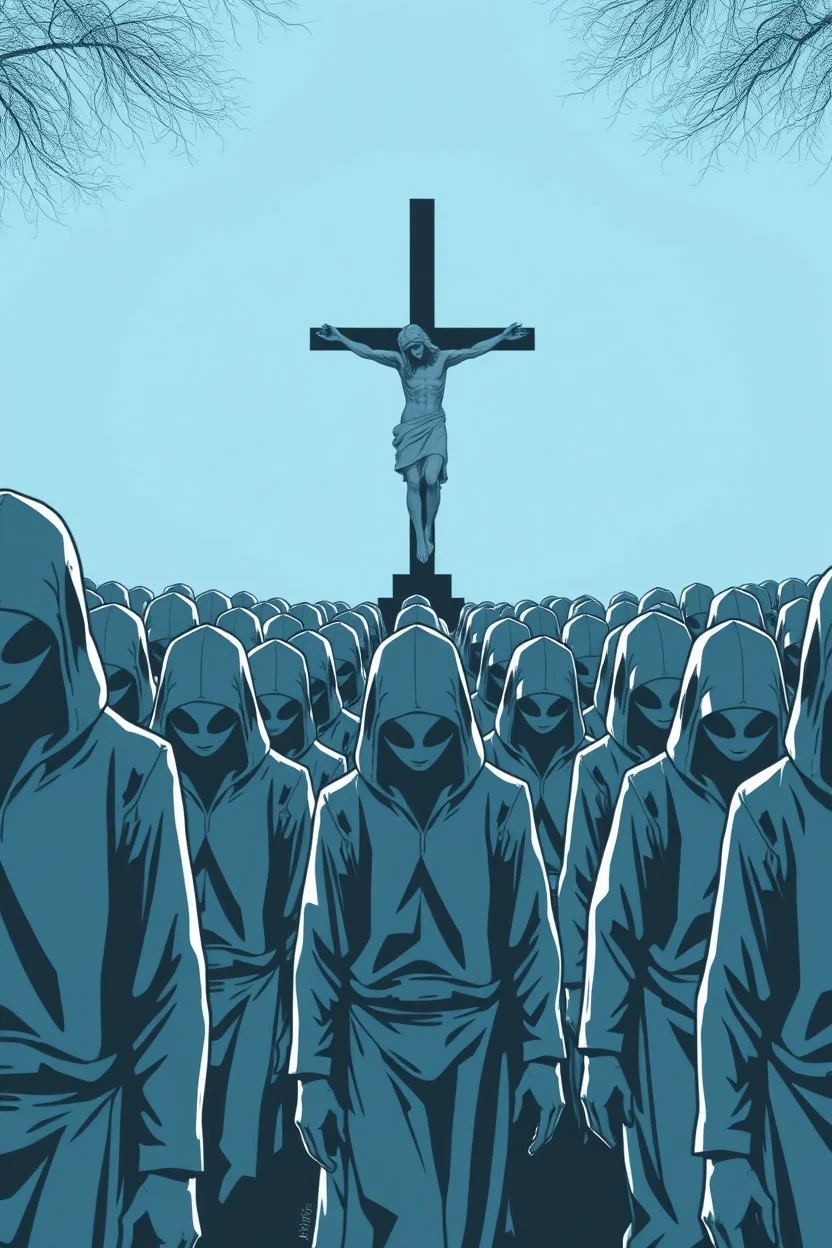 "A conceptual black-and- blue, digital illustration of a massive hooded aliens walking in the same direction, heads down, symbolizing conformity. Jesus on the cross in the background, The atmosphere feels lifeless and repetitive, emphasizing the ordinary mindset of the majority."