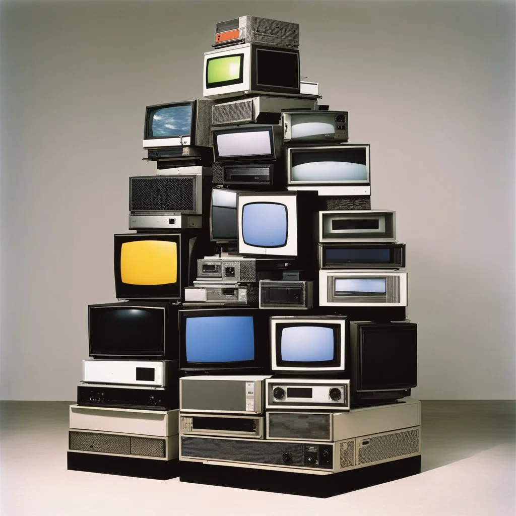 by Marcel Broodthaers, pyramidal stack of televisions, television screens blank, surreal, weirdcore, smooth art, by Nam June Paik