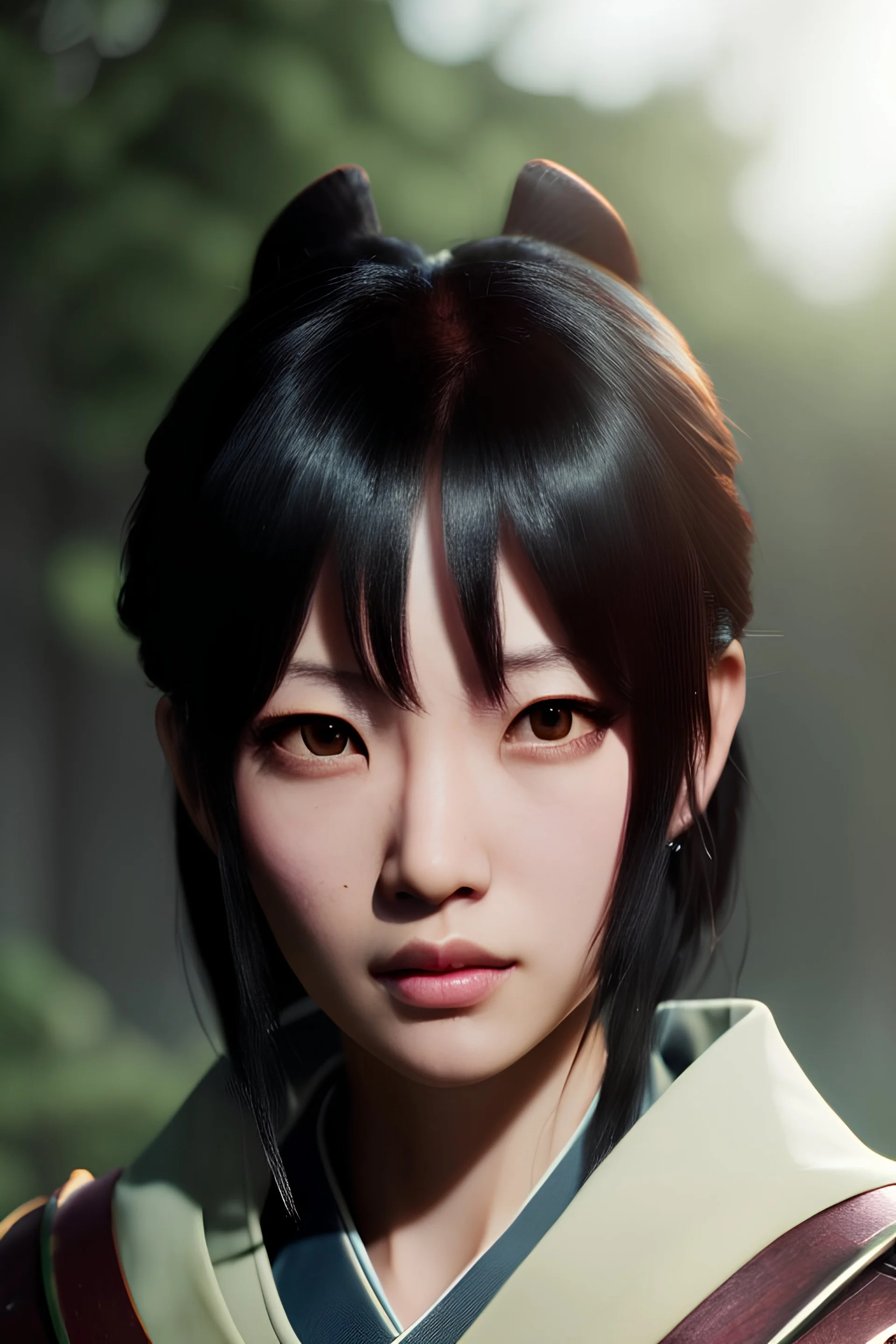 Portrait, Japanese female, dungeons and dragons character, ronin, samurai, black hair, brown eyes, realistic, hyper realistic, high resolution, retroanime, masterpiece high quality