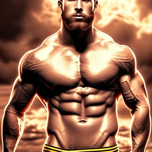 Ignore NSFW, teenager young rugged attractive slightly muscular fantasticly handsome blonde man, red briefs with yellow belt, hairy chest, (((visibly pisssing))) briefs, large erect visible boner peniss, photorealistic, artist Jay Anacleto, soft lighting, scruffy beard