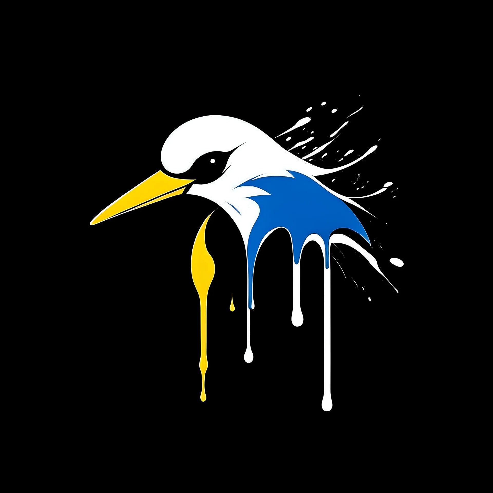 minimalistic logo of a white, blue and yellow small beak bird, dripping blood over black background