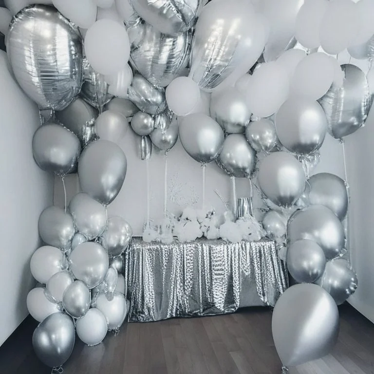 A picture of a room filled with silver party decoration. Include balloons, garlands, foil balloons