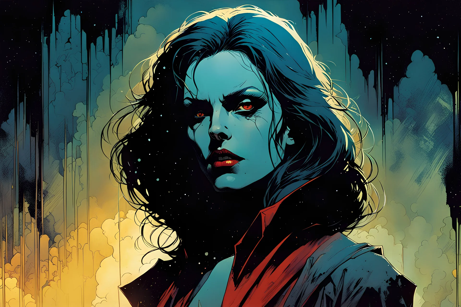 create a hardened, vampire girl in the comic book art style of Mike Mignola, Bill Sienkiewicz and Jean Giraud Moebius, , highly detailed,, grainy, gritty textures, , dramatic natural lighting