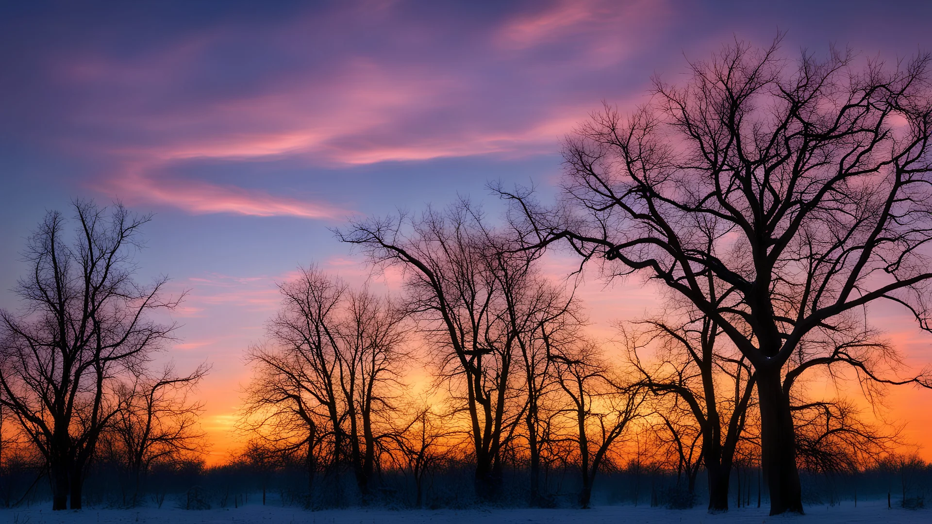 Beautifully colored sky at December sunset with silhouettes of bare trees.