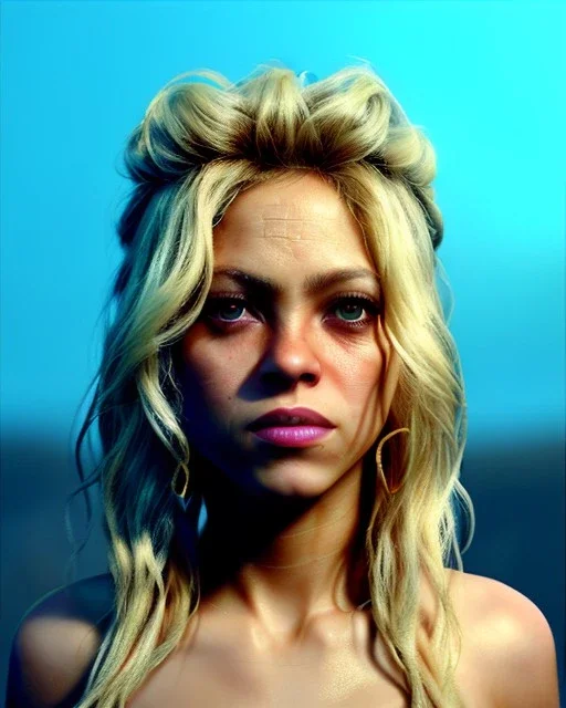 portrait, Shakira, blonde artist, angry, Realistic image, hoodie, fight pose, make-up make-up, gold line make-up, sweat, fog, goddess style, Neon colors, leds. Black background, photo studio, concept art, smooth, unreal engine 5, god lights, ray tracing, RTX, lumen lighting, ultra detail, volumetric lighting, 3d, finely drawn, high definition, 4k.