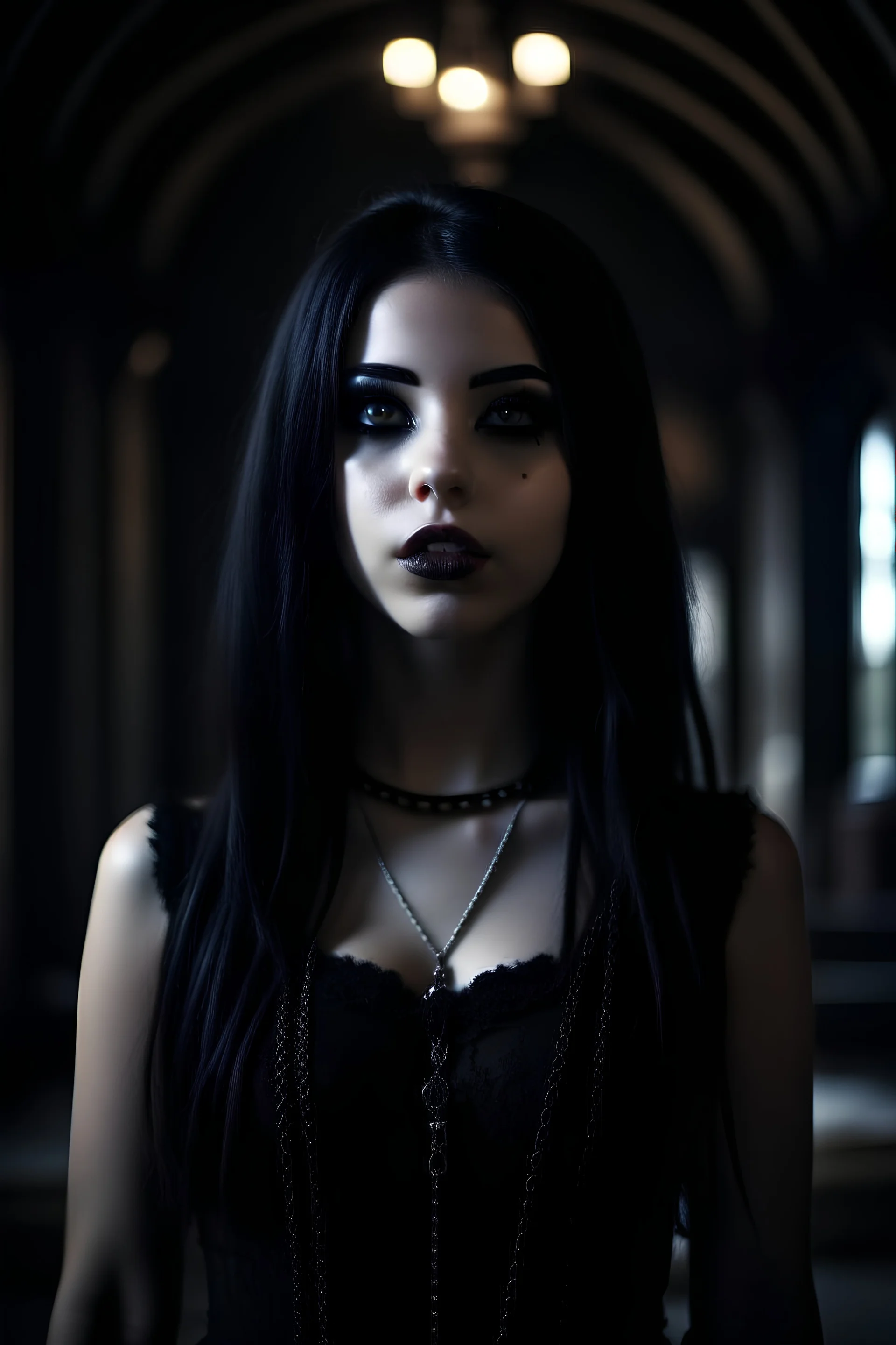 portrait of a beautiful petite young goth girl, long messy braided white-black hair, dressed in a laced corset, standing in a dimly lit crypt, pale smooth skin, piercing, evil, unholy necklace, realistic, sexy, cinematic lighting, highly detailed face, very high resolution, looking at the camera, centered