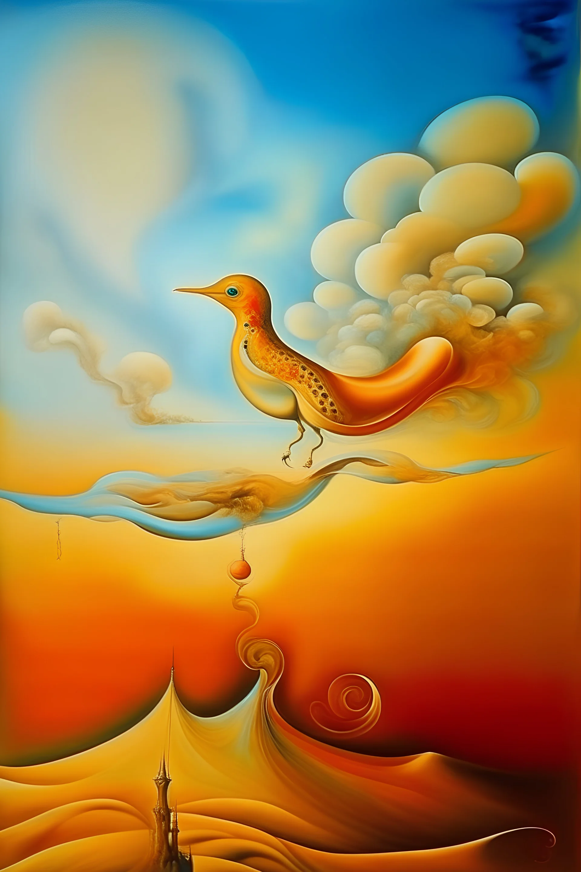 fire bird flying over clouds by Dali.