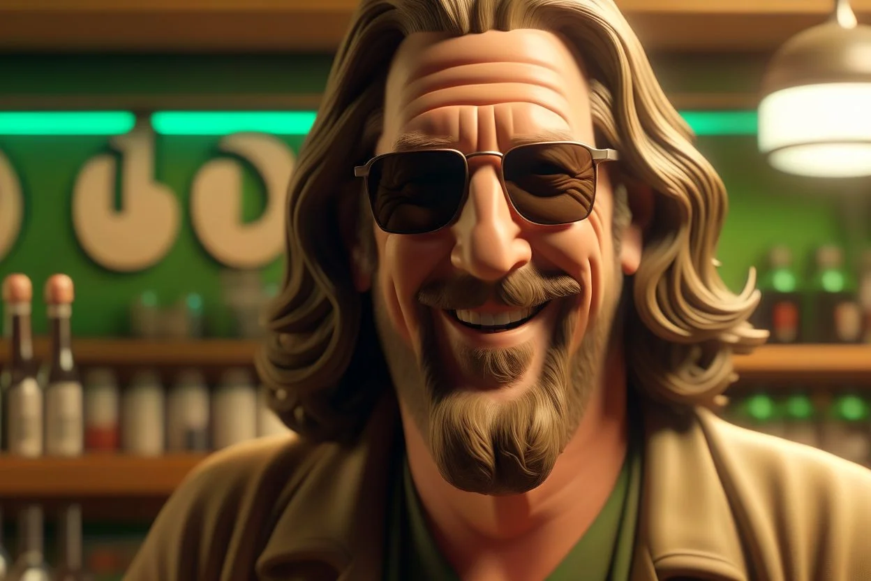 4k full details full realism the big lebowski smiling sunglasses on a radio station cartoon