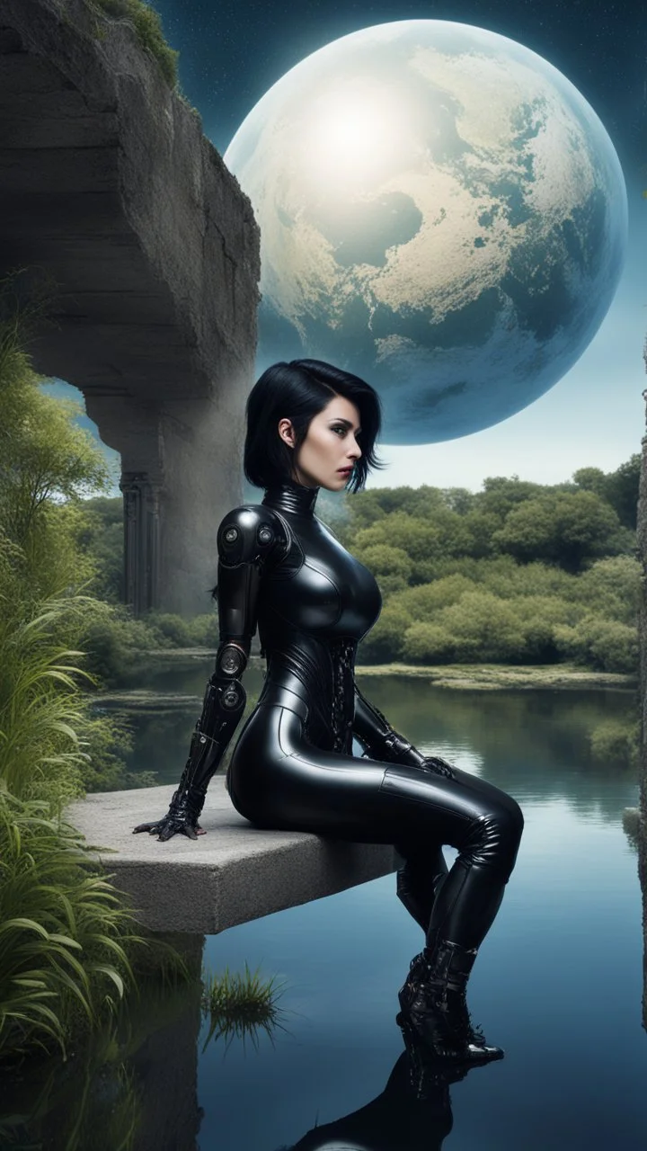 Fantasy Photo Of A Woman With Black Hair, Wearing A robot-looking catsuit, Sitting sideways On A Ledge next to a Pond, With A Planet rising Behind Her Head