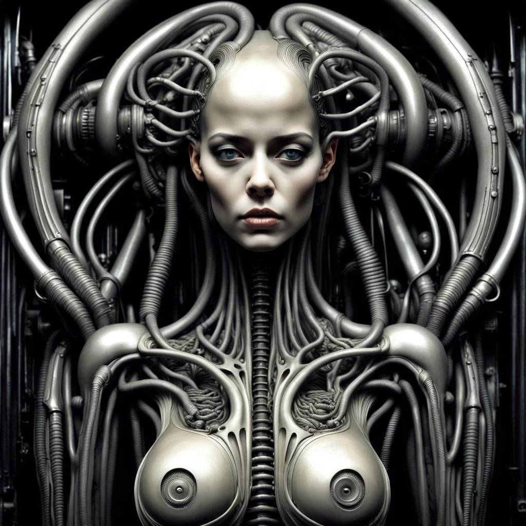 The biomechanical woman created by HR Giger, famous for his work on the Alien franchise, is a striking and surreal fusion of organic and mechanical elements. Her body is often depicted as a complex network of tubes, cables, and other mechanical components seamlessly integrated with her human form. The result is a truly unique and unsettling creature that blurs the line between man and machine. Giger's biomechanical women are often depicted in a state of eerie calm, their features an unsettling m