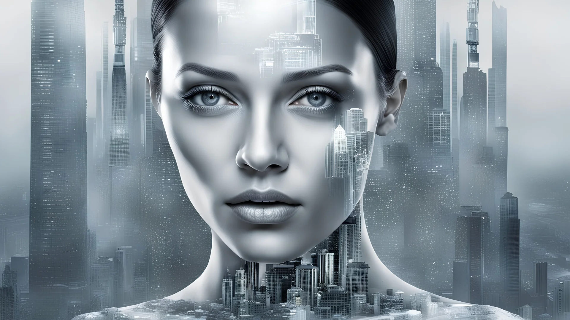 Double Exposure collage portrait of android-human transparent woman face, microchip pattern, cyberpunk, higtech city, skyline, silver sky background, cold, silver, grey, dark colors, futuristic mood, utopistic, high detailed