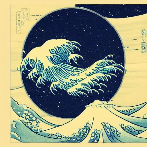 An astronaut floating in space surrounded by a halo of glowing jellyfish, done in the style of Hokusai's The Great Wave off Kanagawa