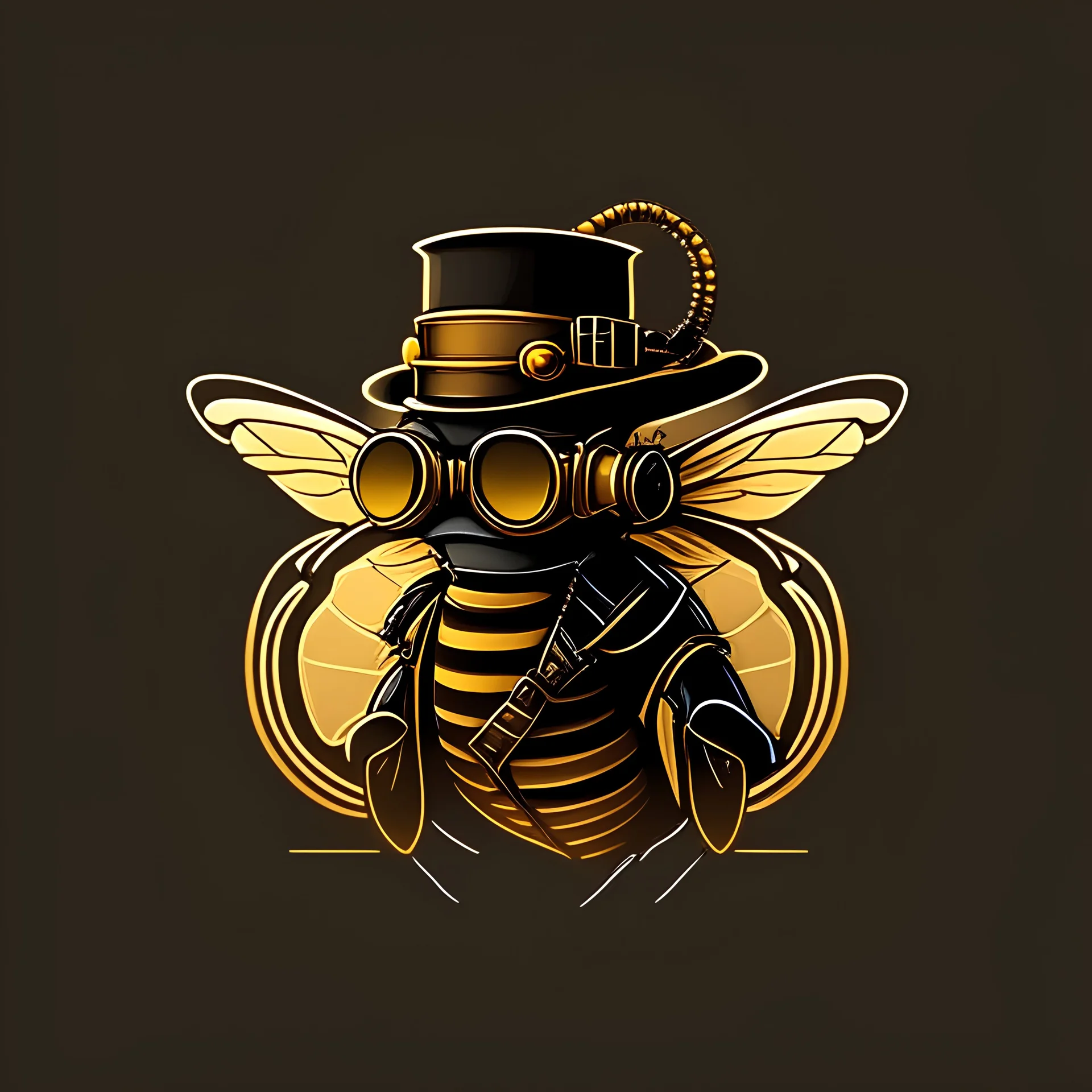 logo profile full body bee wearing steampunk googles and hat, flat minimalist style dark background