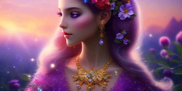 bright fairy, beautiful portrait, flowery landscape