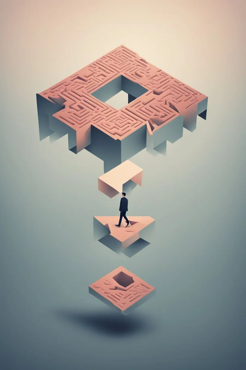 Illustration of man walking on Penrose triangle, surreal concept