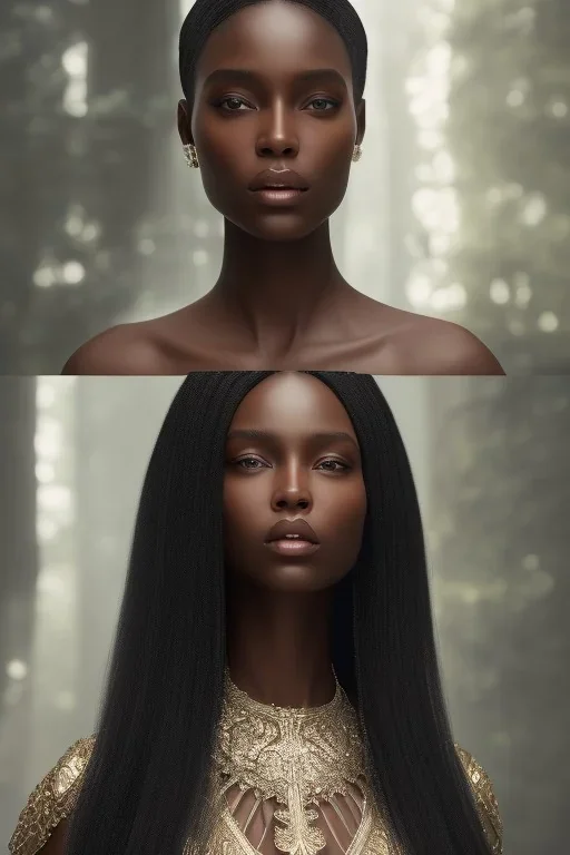 A portrait of a beautiful curvaceous black woman with long black hair, wearing a black dress with a deep v neck, wizard, magical, ethereal, intricate, sharp realistic lighting. Concept art by wlop. Ultra quality 8k.