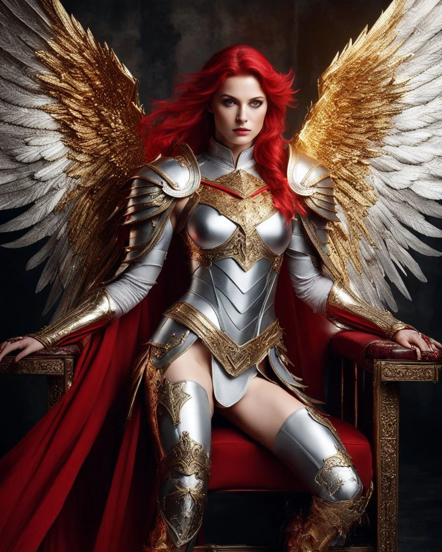 Gorgeous Photography Beautiful Woman dressing silver and golden knight armor with glowing red eyes, and a ghostly red flowing cape, crimson trim flows throughout the armor, golden and silver spikes erupt from the shoulder pads, silver and gold angel wings, crimson hair, spikes erupting from the shoulder pads and gauntlets sitting on luxury big chair in hellfire background