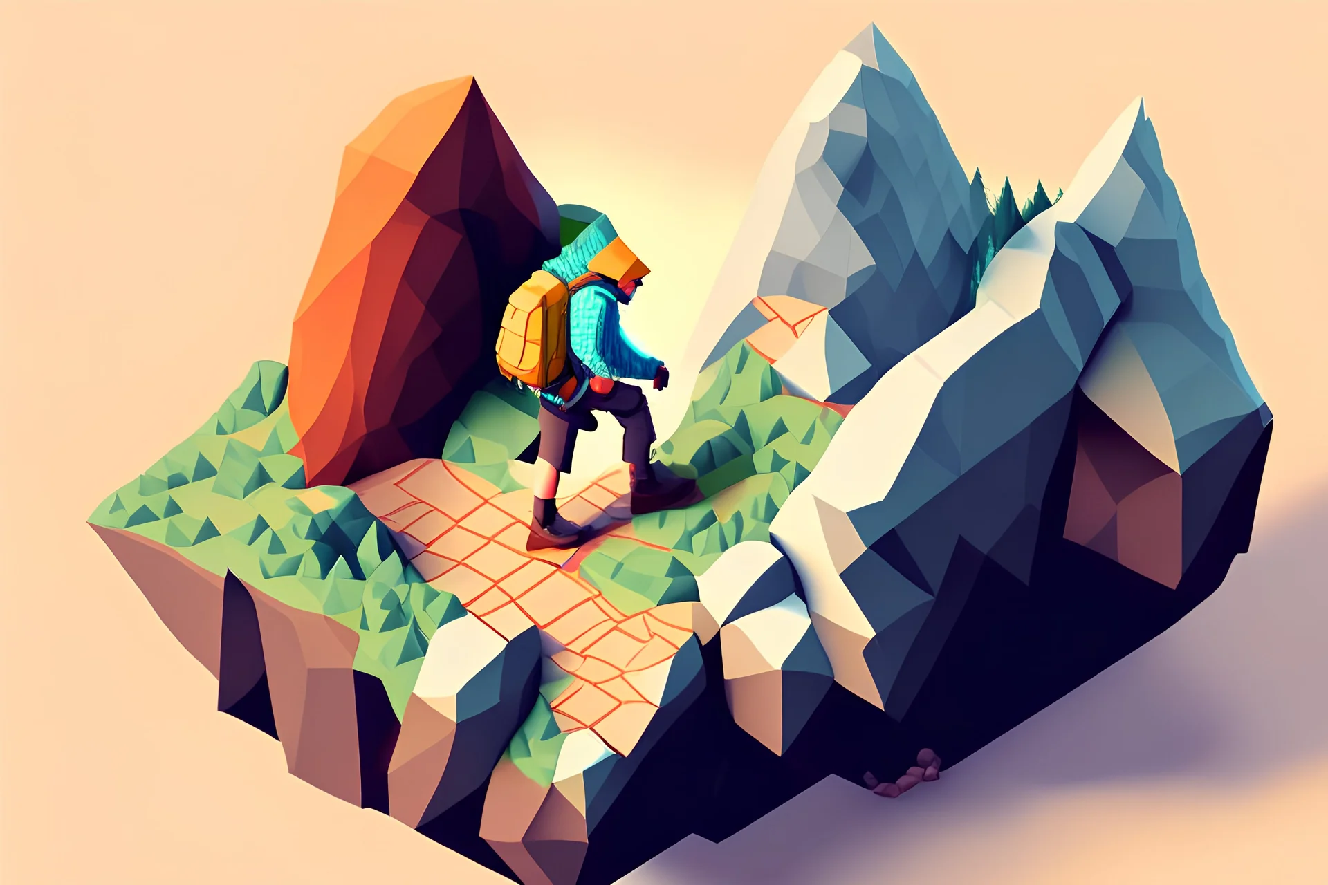An adventurer climbing a mountain in isometric view