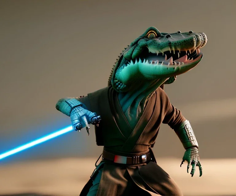 Star wars animation, crocodile, metal, samurai robe, holding lightsaber, hands, wrist gauntlets