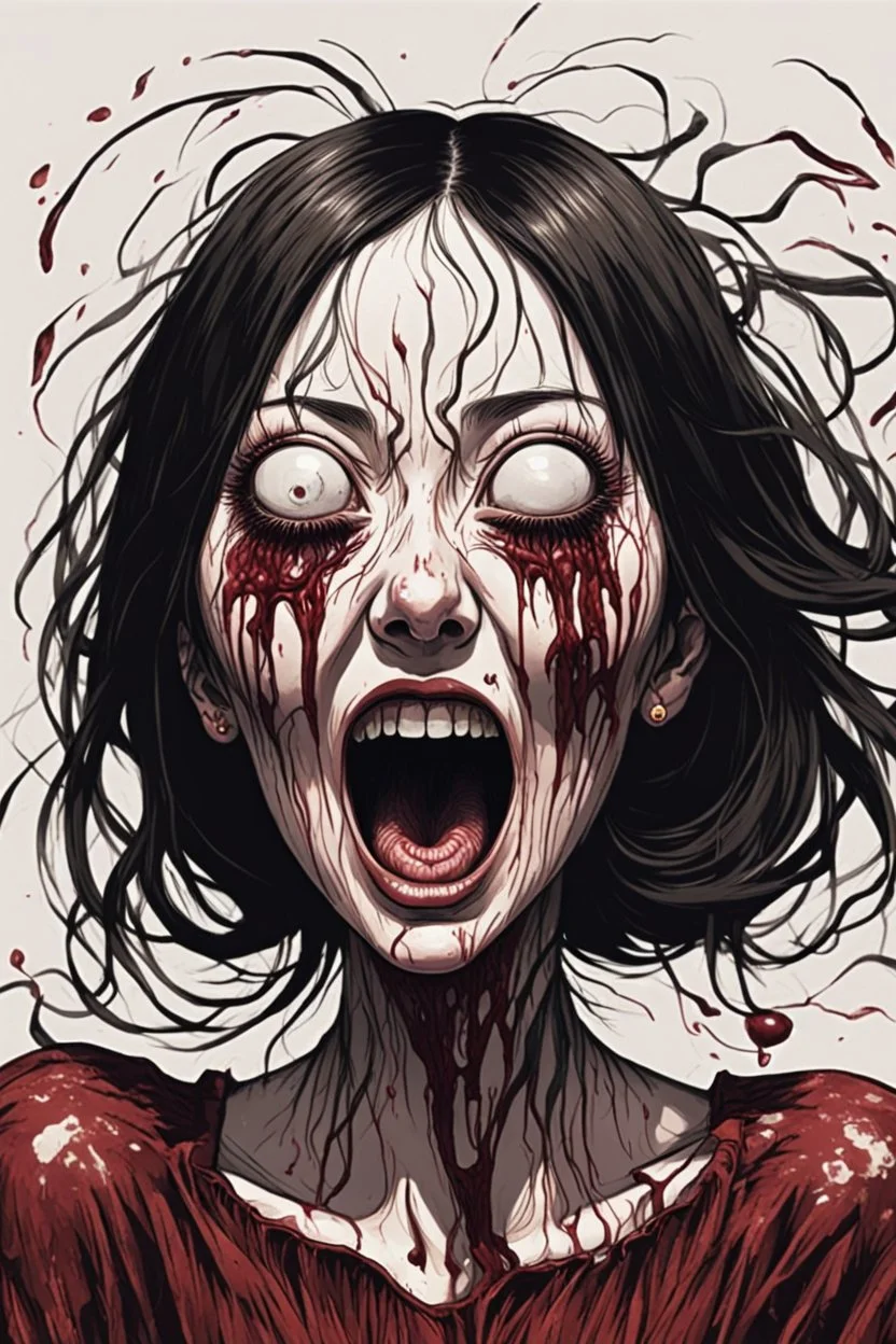 woman with rare eyes, face distorted with pain, screaming, tears streaming from eyes, siting pose, fullbody, Junji Ito style, darkred tones,