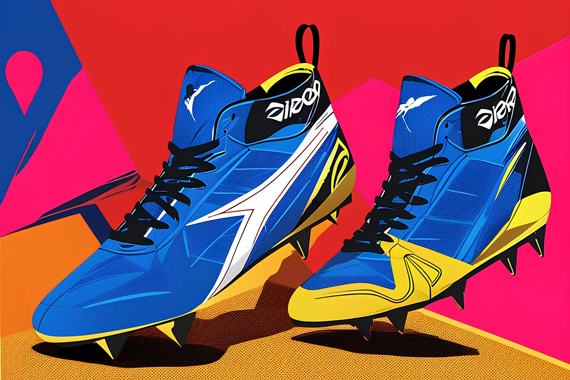 A Diadora soccer boots billboard advertising design that's vibrant, eye catching, captivating and awe inspiring, use a fusion of retro-football artwork combined with a football-futuristic concept and highly vivid artistic elements, with a touch of color. The design features a strong soccer imprint that's captured with a backlit and focused spotlight. The details on the billboard artwork are spread out so the finish pops every detail pops out in a hyper-realistic