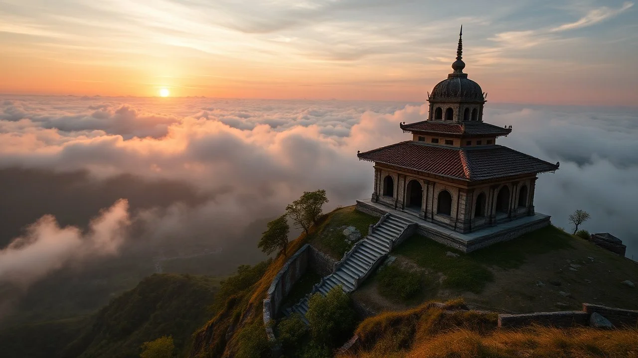 A quiet, ancient temple on a mountainside at sunrise, surrounded by clouds and overlooking a peaceful valley. Photographic quality and detail, award-winning image, beautiful composition.