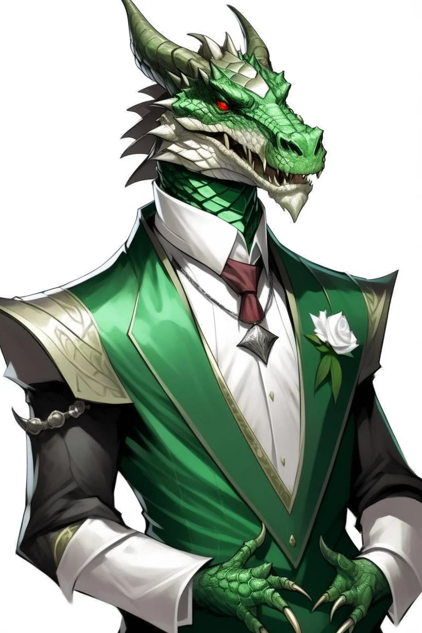 A silver Dragonborn from dnd wearing a tuxedo green eys