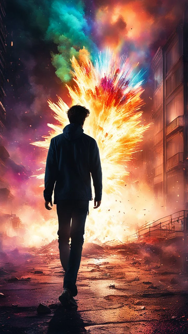 Young man walking towards a building that is exploding at night, with coloured auras around him