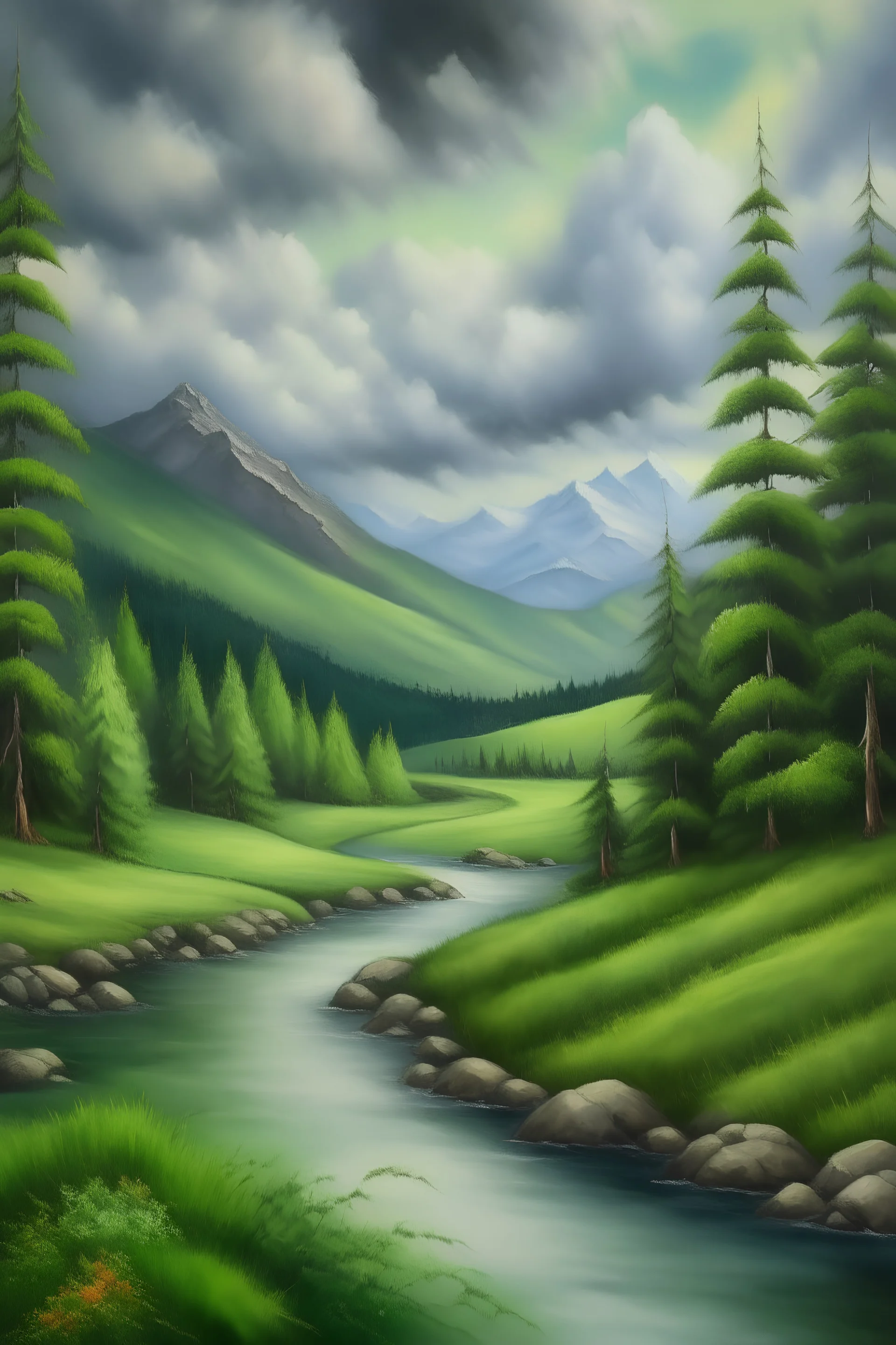 Nature's Serenity: Green Trees, Rivers, Mountains, and Clouds" oil painting --- 16:3