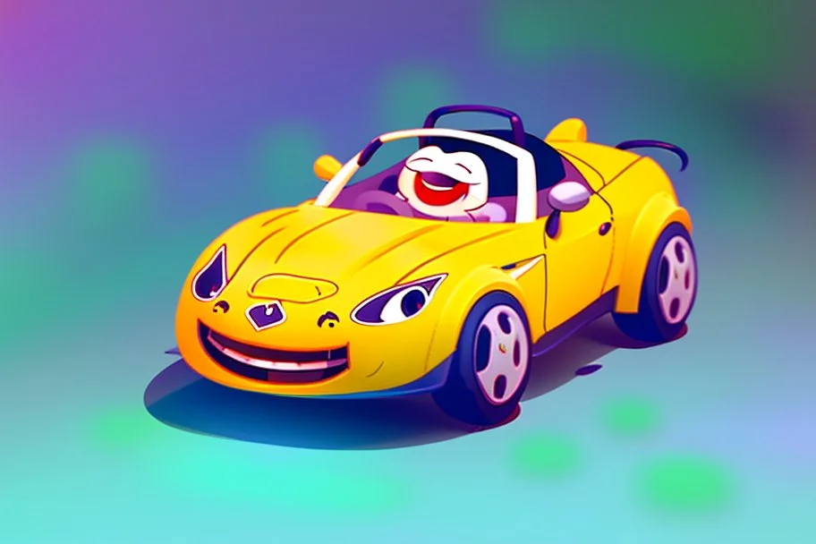 whimsical cartoony sports car with a small mascot character driving it