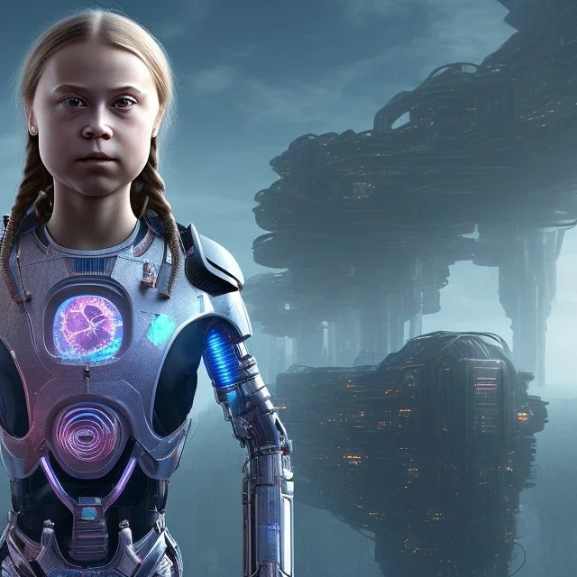  Greta Thunberg portrait in post-apocalypse cyborgs in a cyberpunk city, sci-fi fantasy style, 8k, dark