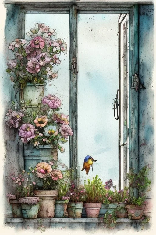 Shabby chic window with flowerpots and bouquets filled with beautiful flowers.full sunlight, stormy clouds, bird, watercolour and ink, stained glass Modifiers: elegant intricate beautiful fantastic view crisp quality colourful Jean-Baptiste Monge pastel colors full view