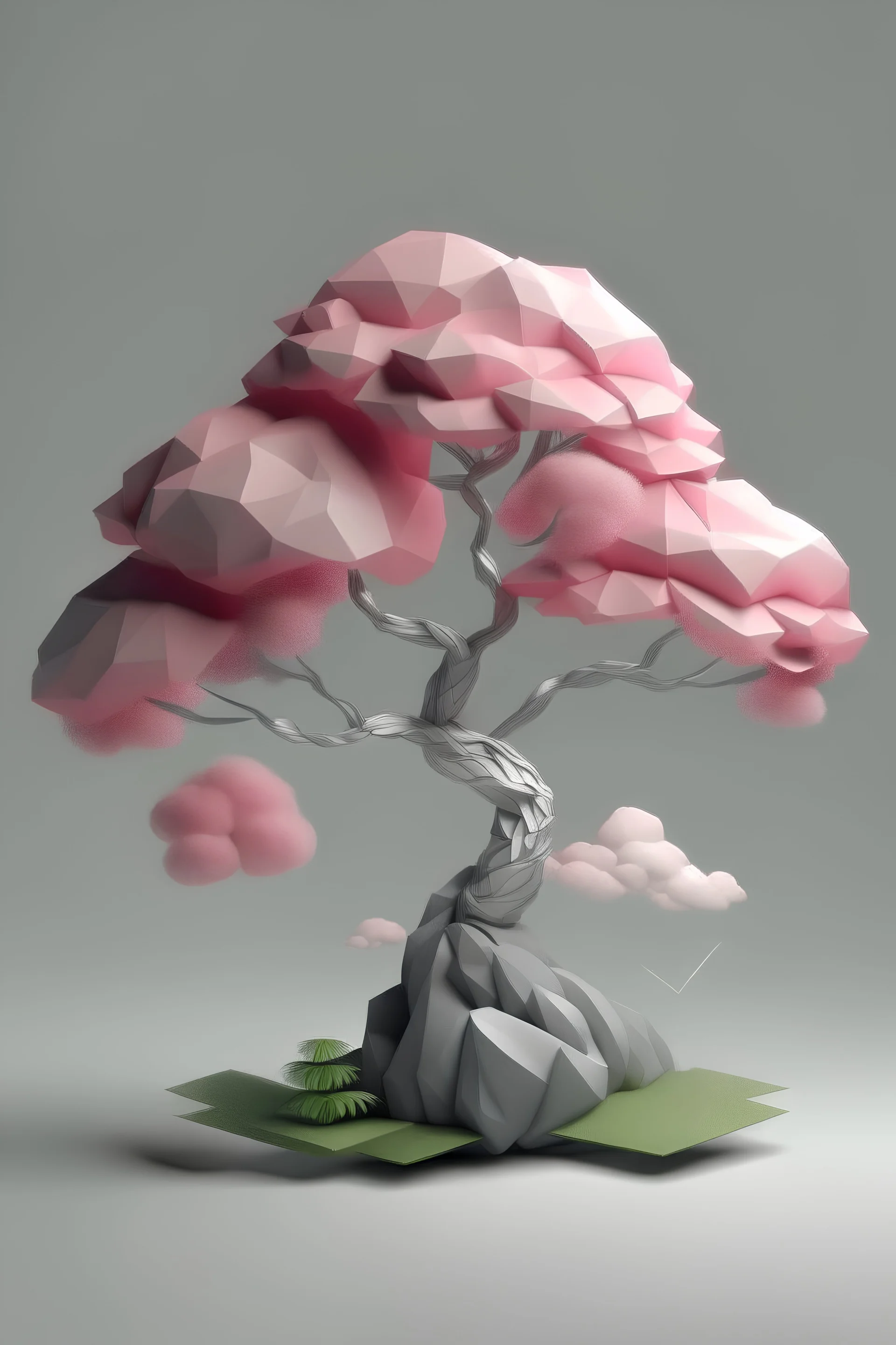 bonsai de nuvem hiper-realista, fundo cinza low poly, luz rosada