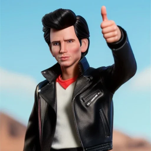 Wide view Young Fonz with black hair greaser figure doll 1977 (thumbs-up) (face) Forehead grin, fonzarelli, ((arnold's drive-in)) fonzie