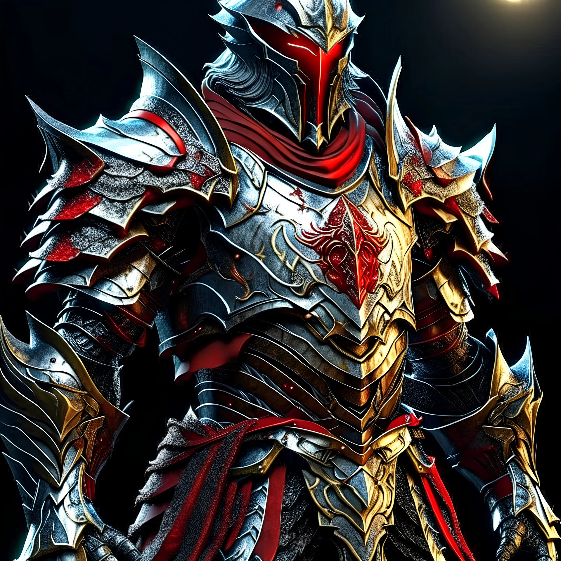 silver and gold knight armor with glowing red eyes, and a ghostly red flowing cape, crimson trim flows throughout the armor, the helmet is fully covering the face, black and red spikes erupt from the shoulder pads, crimson hair coming out the helmet, spikes erupting from the shoulder pads and gauntlets