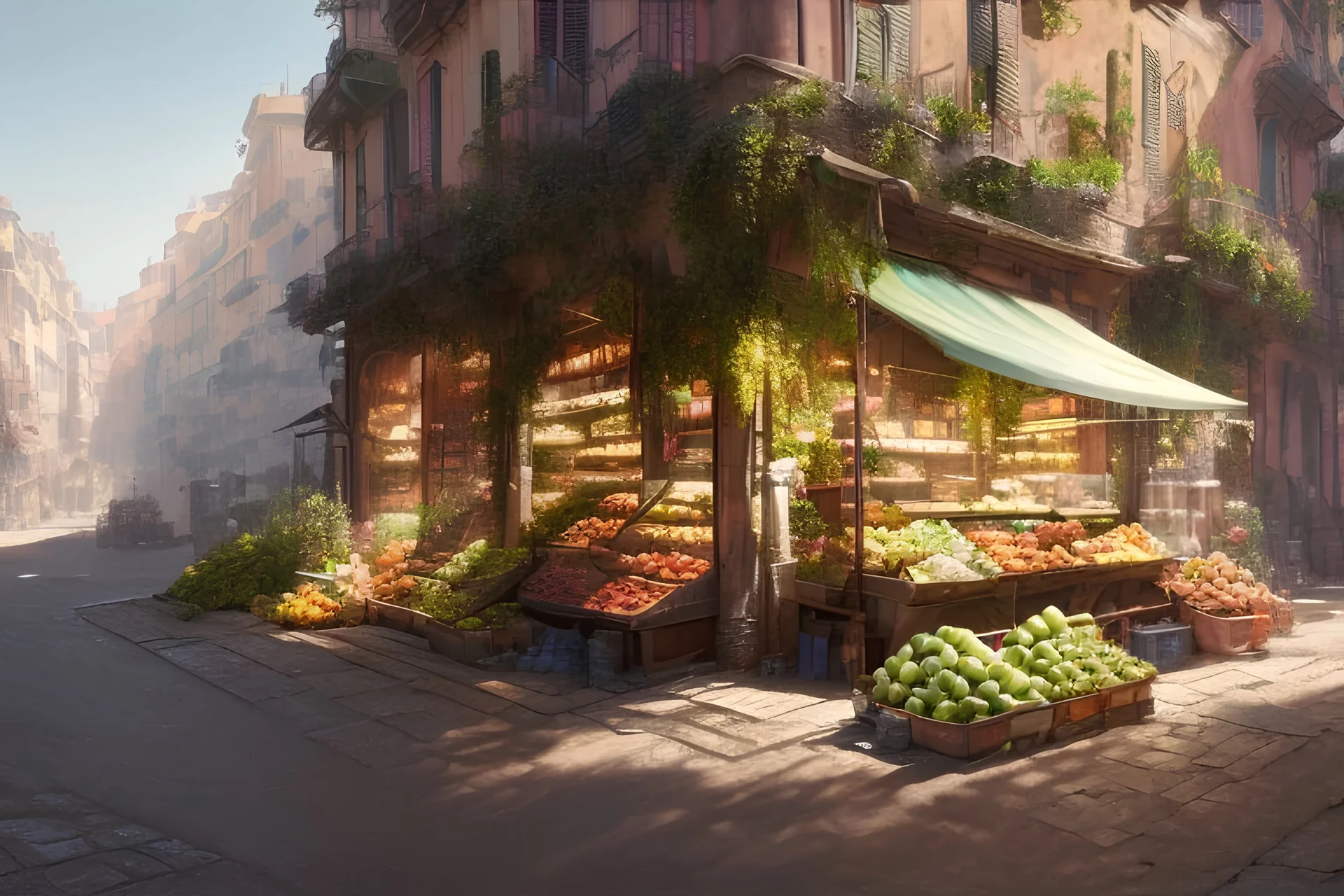 A greengrocer in colorful genoa street+Italian sea+alphonse mucha, greg rutkowski,matte painting, cryengine, hyper detailed, felix kelly, fantasy art, seb mckinnon