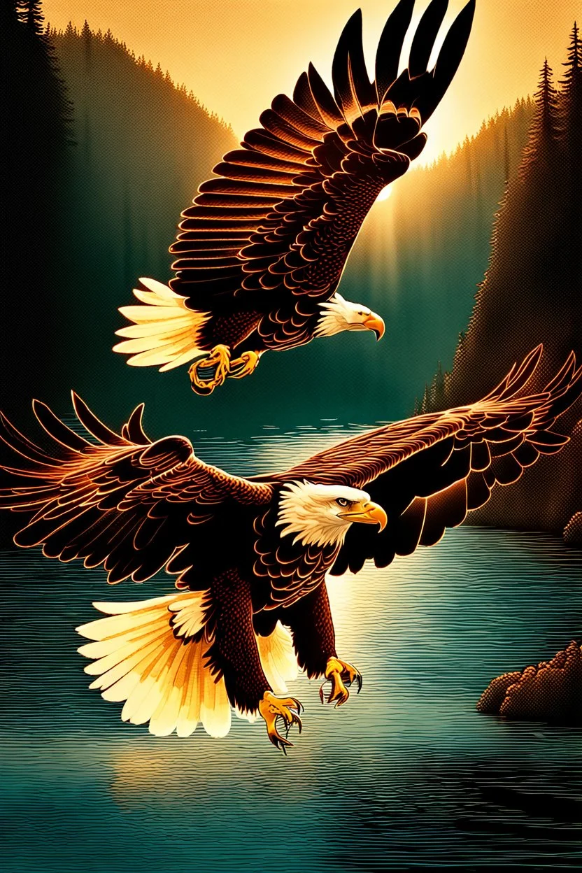 An image capturing a majestic eagle in flight, gripping a large fish in its talons as it soars above a winding river. The sunlight glistens on the water below, and the eagle's powerful wings spread wide against the sky. The scene showcases the eagle's incredible hunting prowess and the dynamic beauty of the natural world.