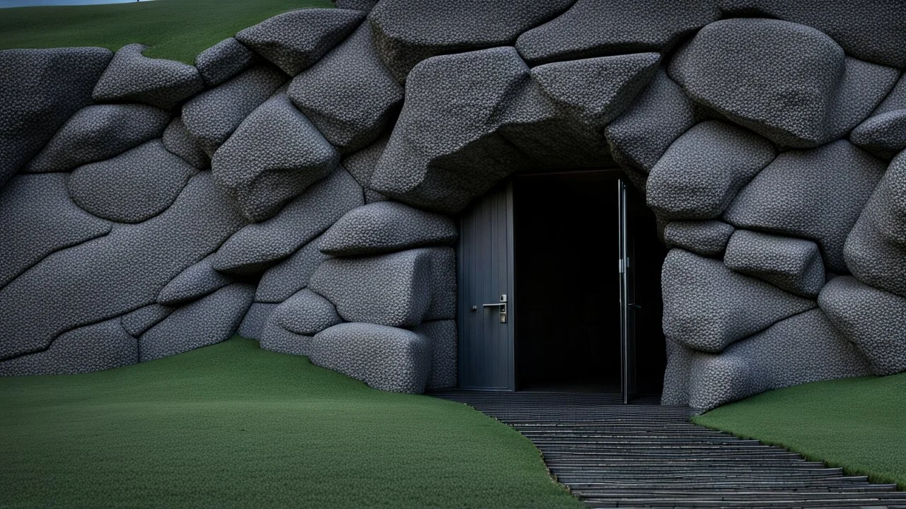 huge illuminated doorway in a rock wall in the side of the mountain