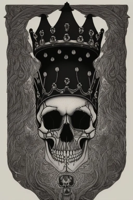 A shadowed hand holds a highly detailed, hand drawn skull, anatomically correct, with a crown hovering above, representation of Hamlet by John Austen, in the Aubrey Beardsley style, inspired by the gothic, macabre and fantastical, highly aesthetic, art nouveau design with striking black-and-white illustrations with hints of Red, Beardsleyesque, high quality, modern classical art, Hamlet Skull