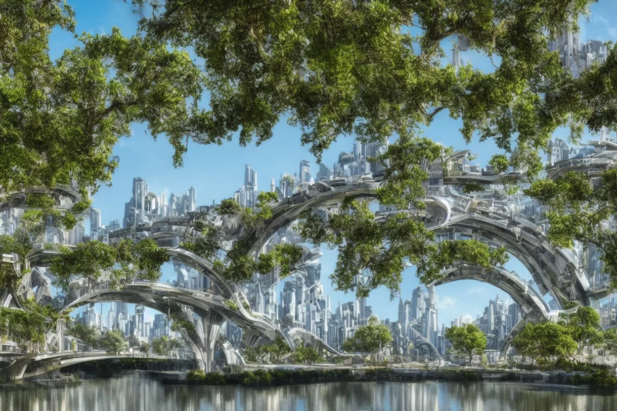 A futuristic alien city, with balconies, verandas, many arches, bridges, spires, paths, trees, dense foliage, Spanish moss, ivy, river, blue sky, white clouds