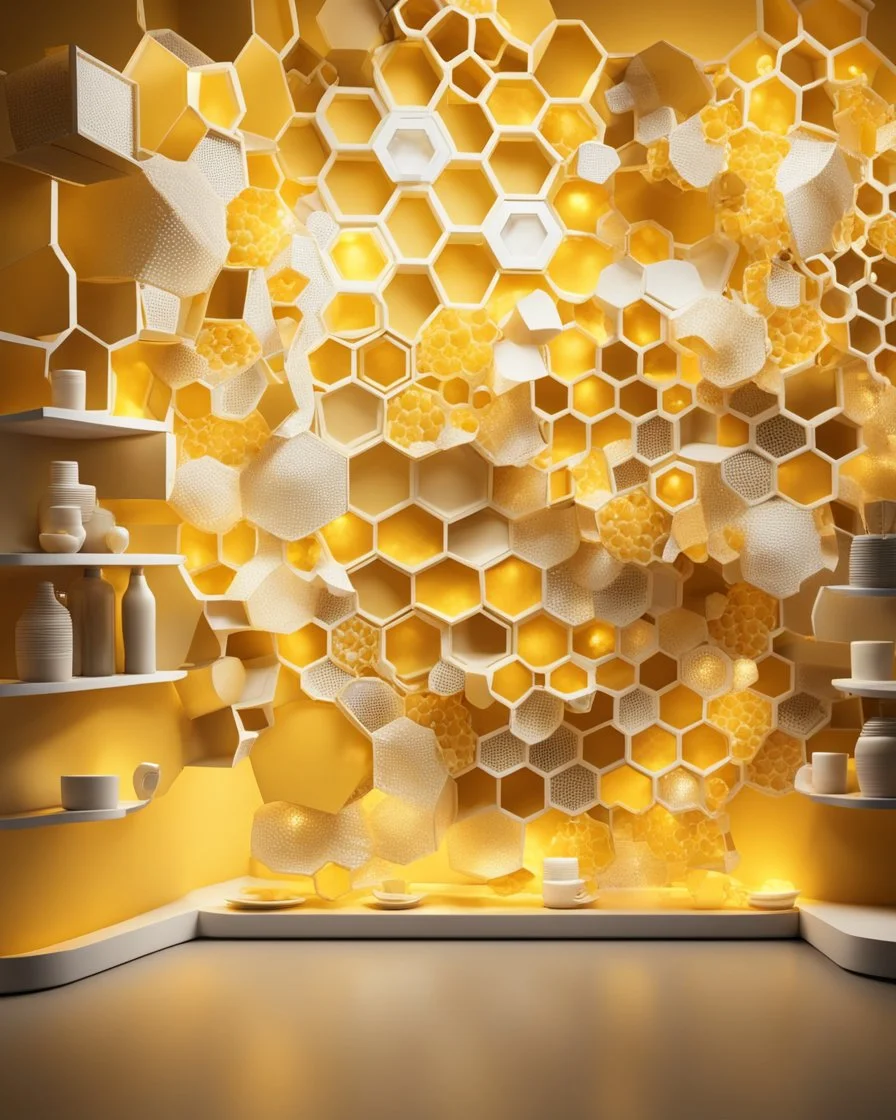 virtual studio, photo wallpaper with honeycombs, a beautiful yellow background, false windows and bright pseudo-lights and spots on the walls, display shelves for products, illuminated hexagons