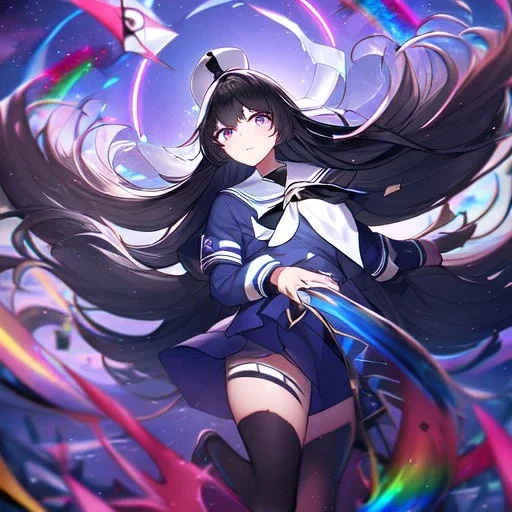 Clear focus, High resolution, Black long fluffy hair, purple eyes, wearing a sailor uniform, shattered rainbow in triagle formation