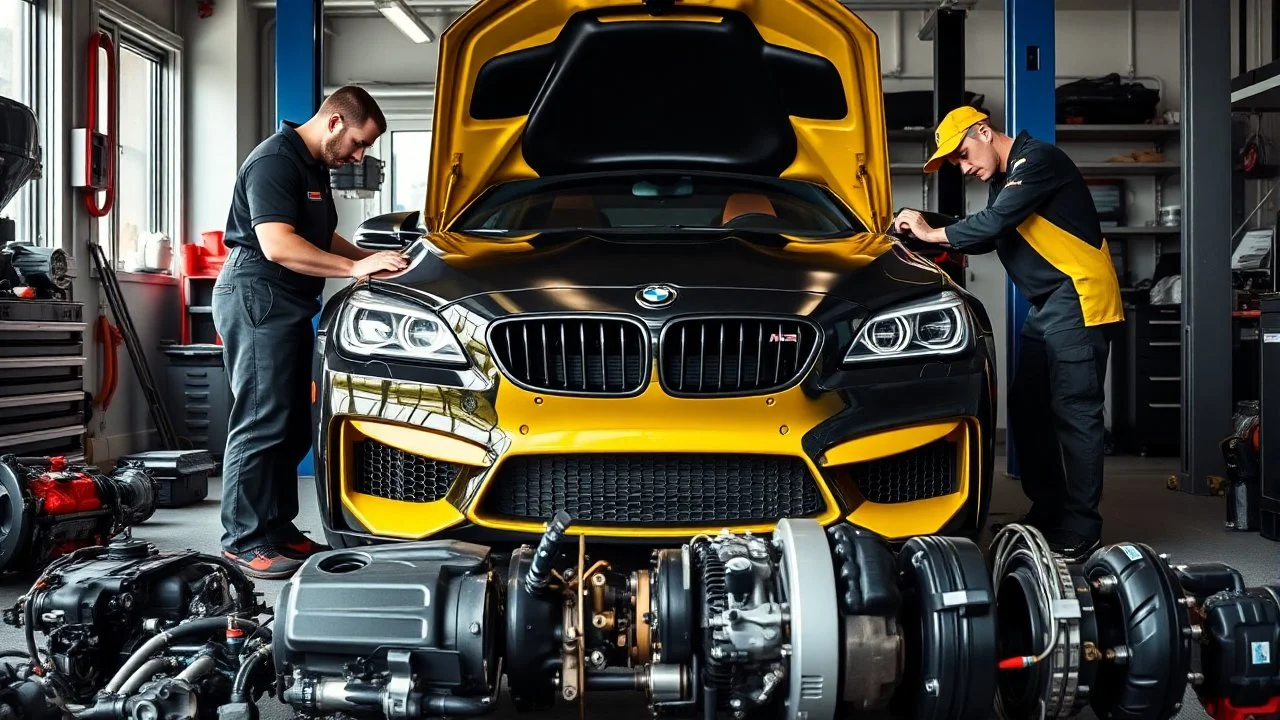 A car repair shop where two people in work clothes are repairing a black and yellow BMW M6 series with an eye-catching theme in a sophisticated and special repair shop where a collection of car engine parts is arranged on the floor at the bottom of the image.