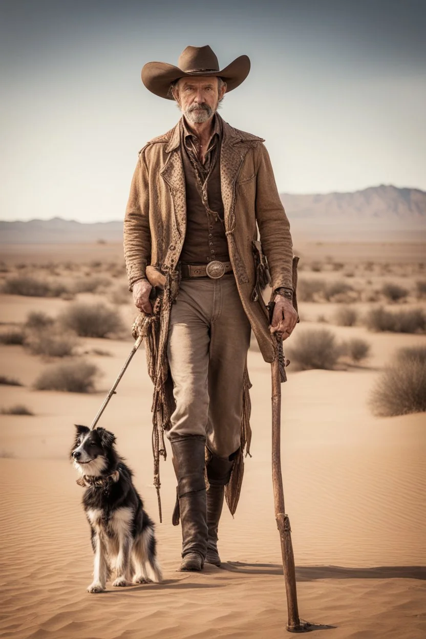 Full body cowboy in a desert with a dog and fancy walking stick