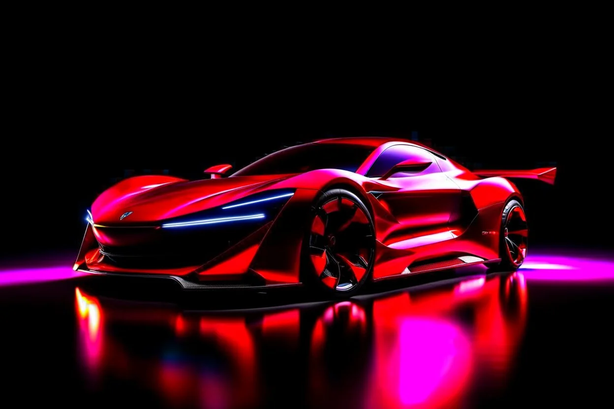 SUPER RACING CAR, EXOTIC, SUPER SPORT, CONCEPT CAR, ELECTRIC, BIG WHEELS, RED COLOR CHERRY, BLACK BACKGROUND,