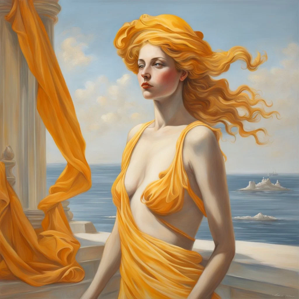 Neoclassicism realistic yellow orange cote d'azur sea woman