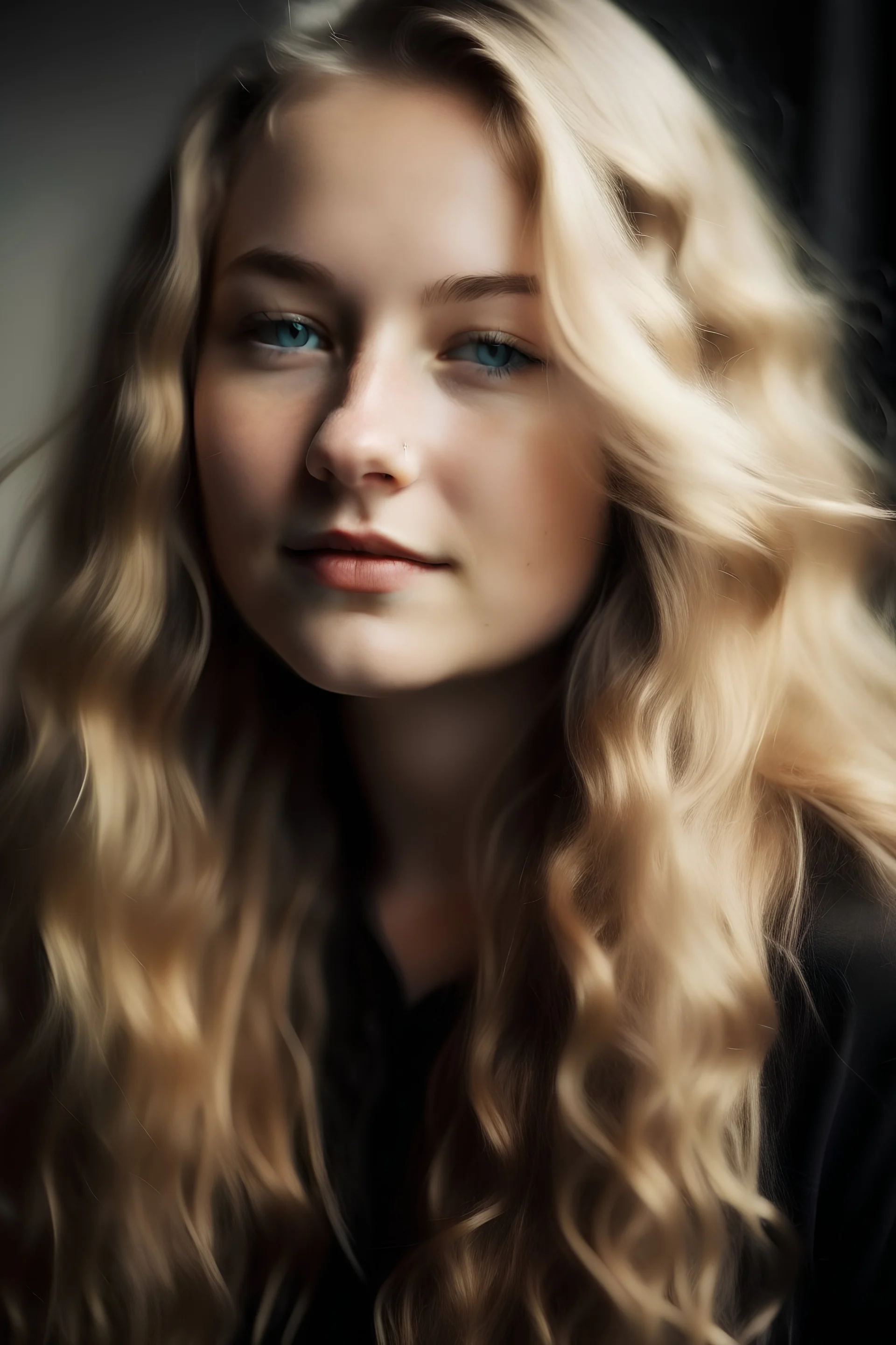 portrait of a beautiful 20 year old norwegian woman with long blond wavy hair, curvy body, earthbound, warm-hearted