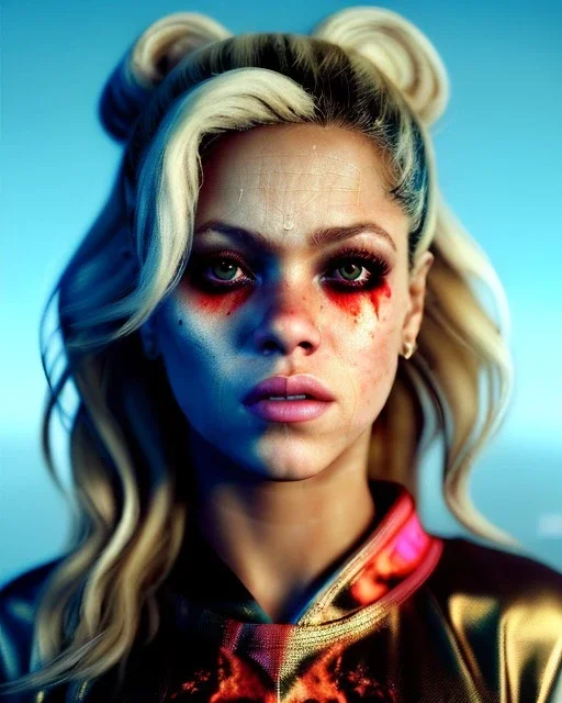 portrait, Shakira, blonde artist, angry, Realistic image, MMA robe, hoodie, mma gloves, loose long hair, eyes make up, gold line make up, moisture, sweat, fog, Neon colors, leds. Dark background, photo studio, concept art, smooth, unreal engine 5, god lights, ray tracing, RTX, lumen lighting, ultra detail, volumetric lighting, 3d, finely drawn, high definition, 4k.